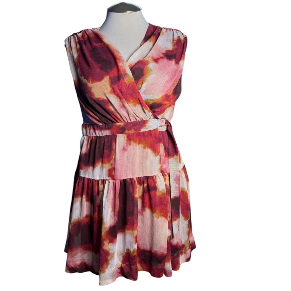 Taylor Sleeveless Abstract Watercolor Chiffon Tiered Mini Dress Burgundy Pink